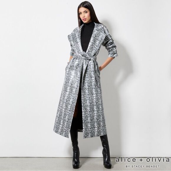 Alice + Olivia **NWT** Jarrett Vegan Leather Trench In Off White/Black Python - Picture 1 of 7